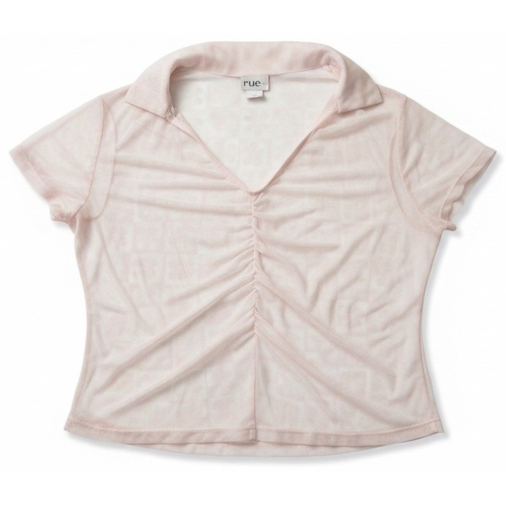Rue Women's Pink Sheer Cropped Top 1X Short Sleeve‎ Blouse Shirt Ruched Front